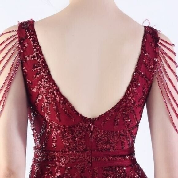 Red, Geo Print, Ostrich Feather V Neck, Beaded Sleeves, Sequined Mermaid Gown - Picture 10 of 14